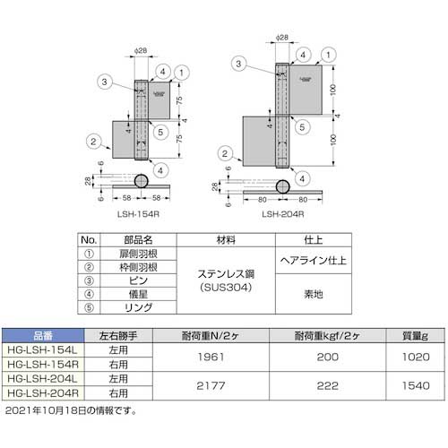 スガツネ工業 (170034222)オールステンレス鋼製重量用旗蝶番 HG-LSH