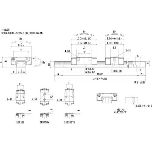 NB スライドガイド用レールSEBS7BM形L＝100 SEBS7B-100の通販｜現場市場