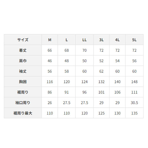 空調服 遮熱 フルハーネス対応 KU92110 サイズ一覧