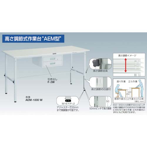 TRUSCO RAEM型高さ調節作業台 1800X750 2段引出付 ホワイト色 RAEM