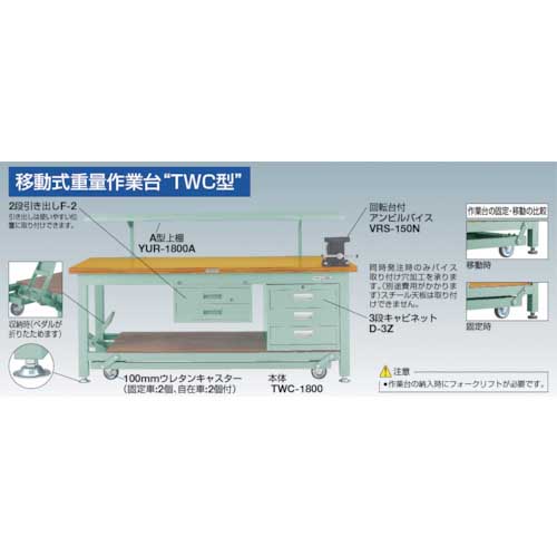 TRUSCO TWC型作業台 1800X750XH740 3段引出付 TWC-1800D3の通販｜現場市場
