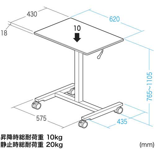 SANWA パーソナルガス昇降デスク 620×435×765～1105 天板色ホワイト